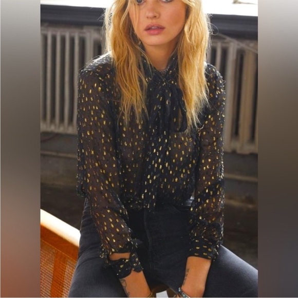 Anthropologie Bl^nk‎ Sheer Black Tie Neck Long Sleeve Top with Gold Polka Dots - Picture 1 of 9
